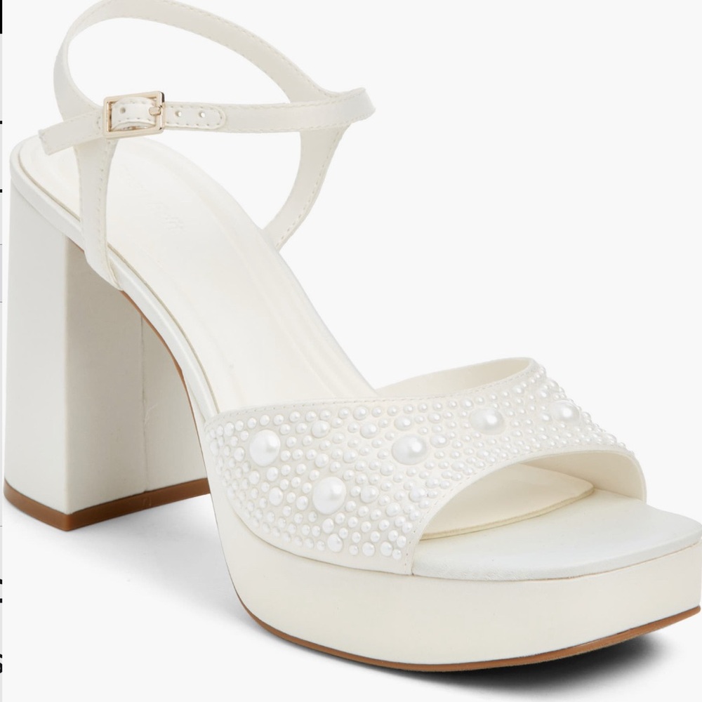 White Pearl-Embellished Open Edit Heels
Worn once for engagement shoot!